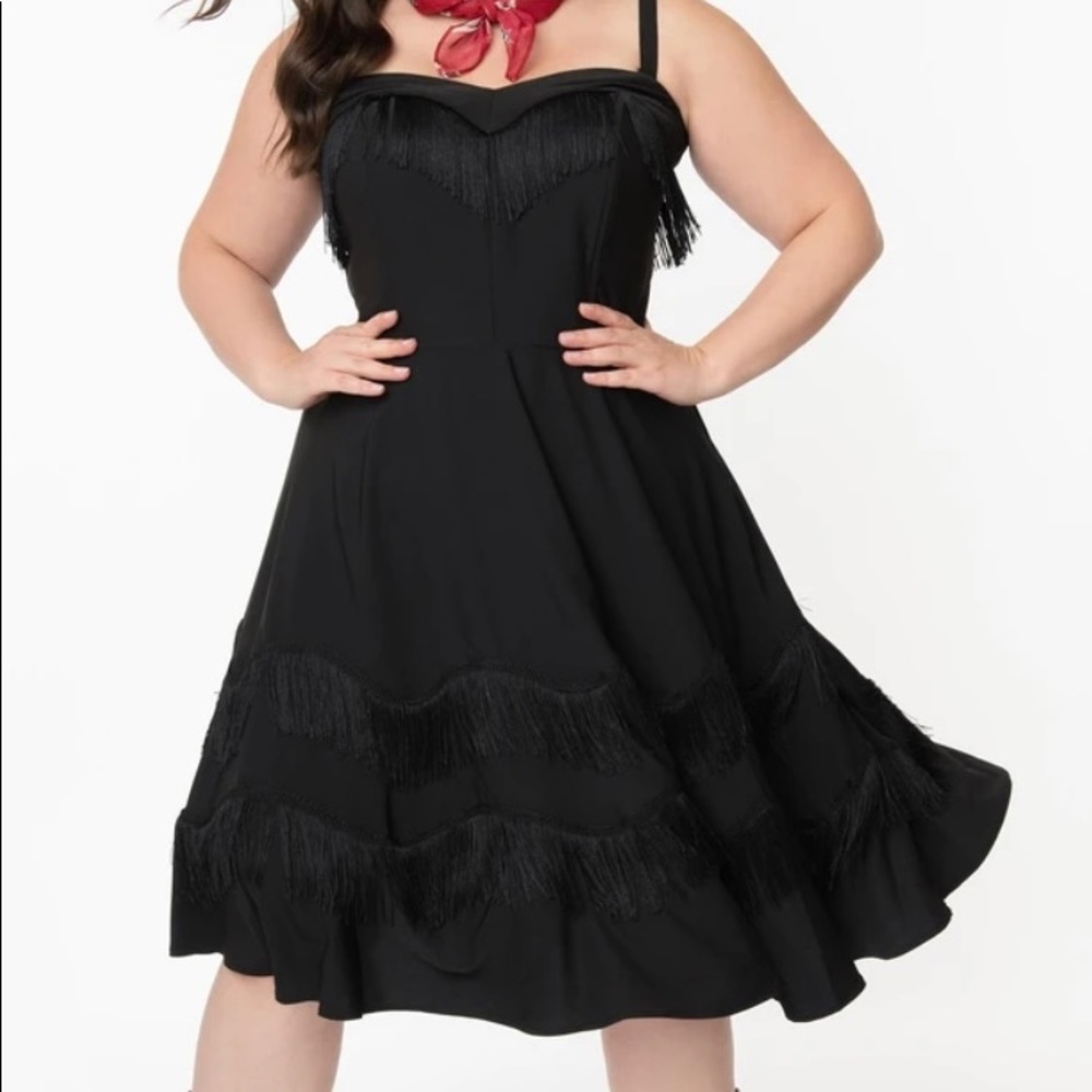 Unique vintage UV 2X fringe girlie dress in black
